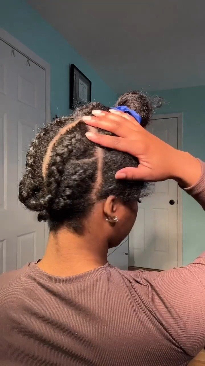 Long 3c Curly Hair Looks, Color and Updos: 15 Picks 7 Person with dark curly hair styled in braids and a high bun.