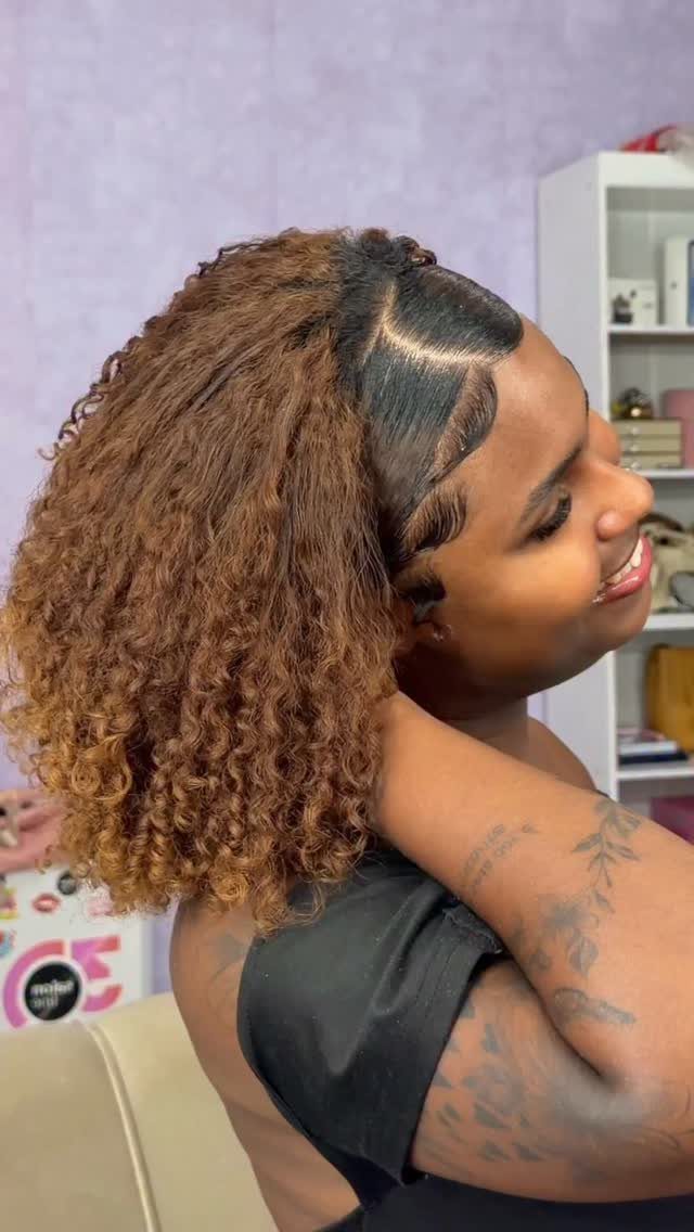 Long 3c Curly Hair Looks, Color and Updos: 15 Picks 2 Woman with honey-brown curly hair styled with sleek edges and voluminous curls.