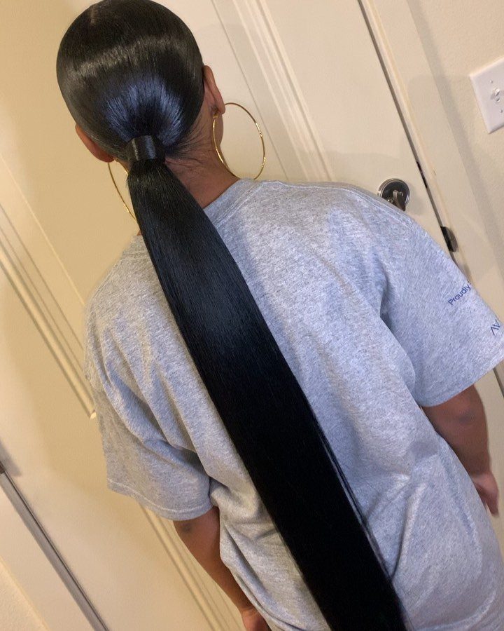 20 Long Hair Hairstyles for Work, From Buns to Braids 16 Sleek low ponytail with long straight black hair and gold hoop earrings.
