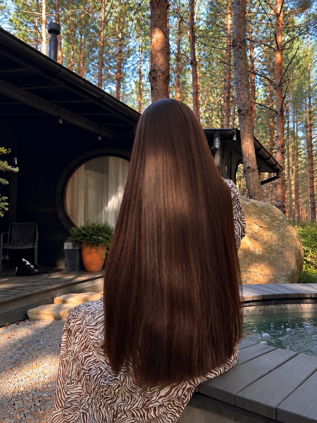 11 Long Loose Hair Ideas for Every Style and Texture 6 Long straight dark brown hair seen from behind in a forest setting.