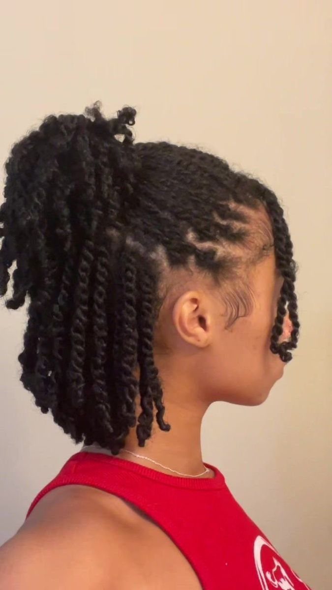 Short black mini twists gathered into a high puff ponytail on a person.