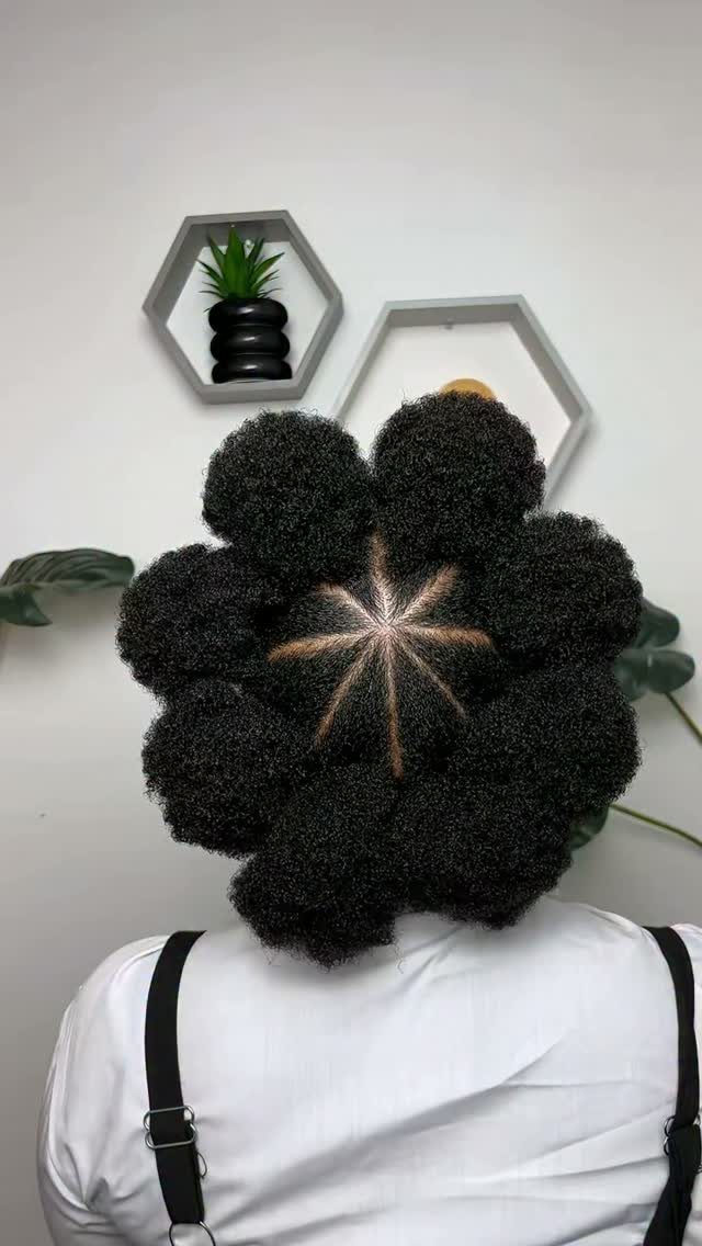 Puff Ball Hairstyle Ideas: 5 Styles With Afro Puffs and Bows 4 Black hair styled into multiple small puff balls in a circular pattern