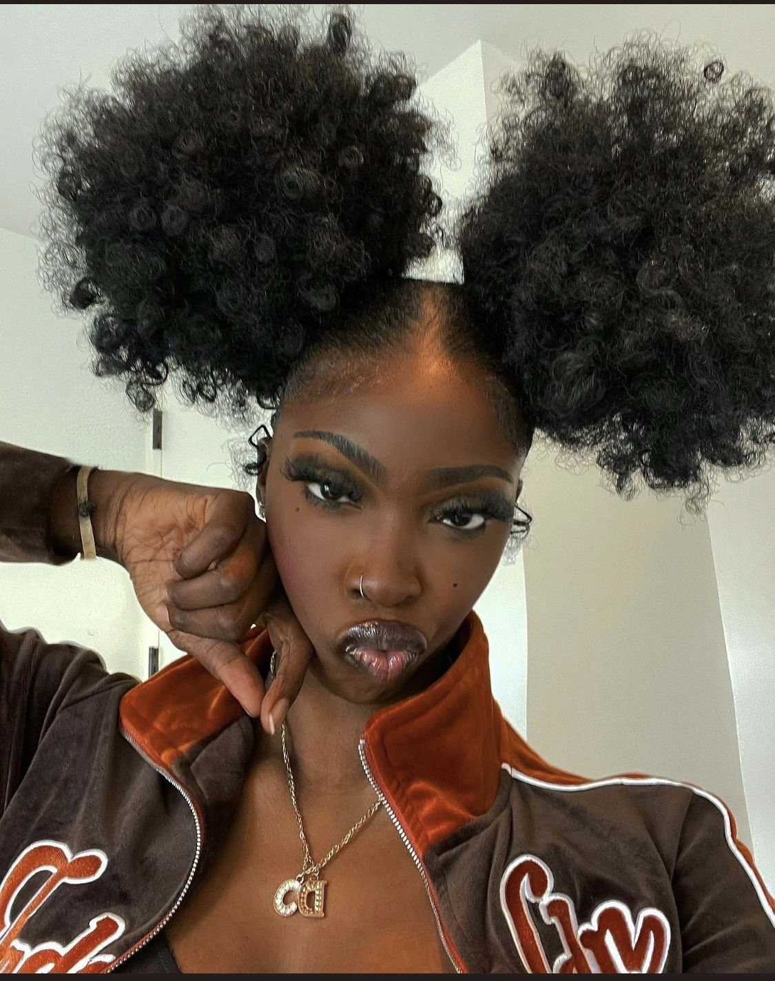Puff Ball Hairstyle Ideas: 5 Styles With Afro Puffs and Bows 5 Woman with two large afro puffs styled as space buns wearing brown velvet jacket