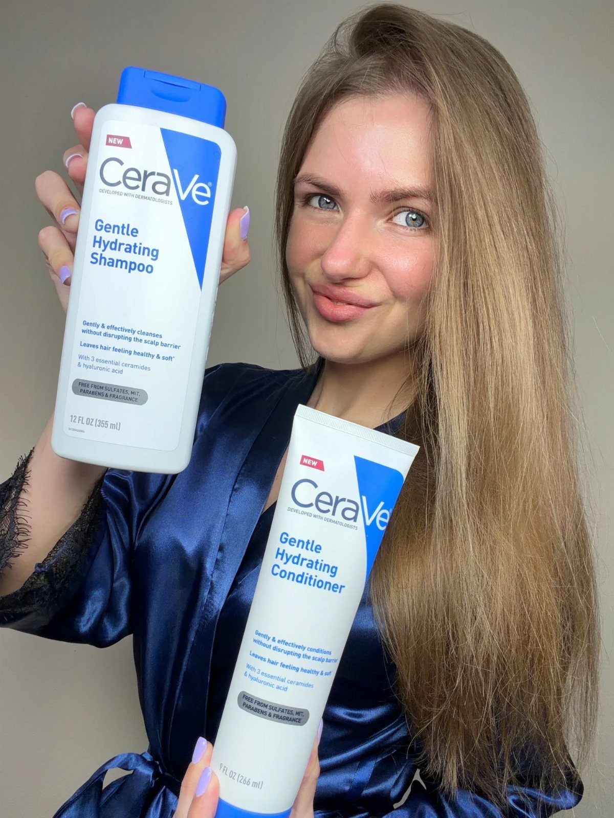 3 Ideas for Quick Hair Growth: Massage, Supplements, Care 3 Woman holding CeraVe gentle hydrating shampoo and conditioner bottles for hair care.
