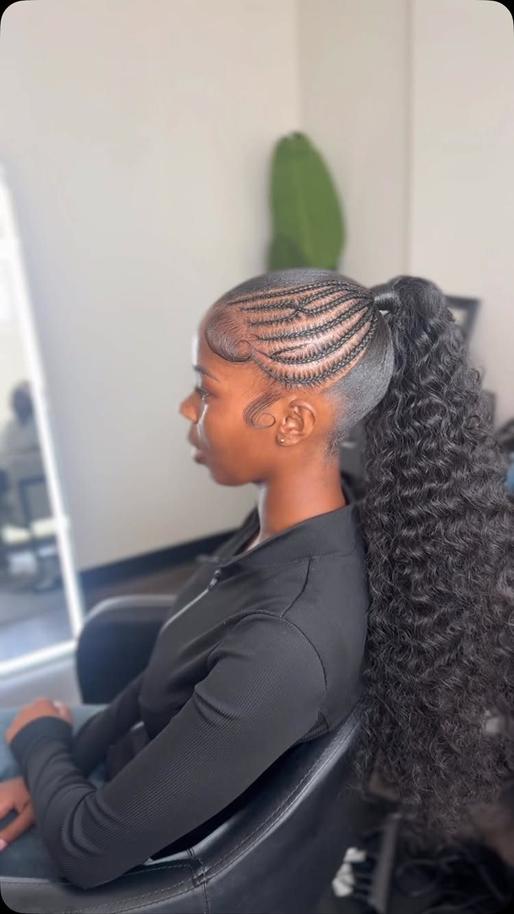 Quick Weave Styles with Braids: 18 Cornrow and Updo Ideas 15 Woman with cornrow braids leading into a long, curly high ponytail hairstyle.