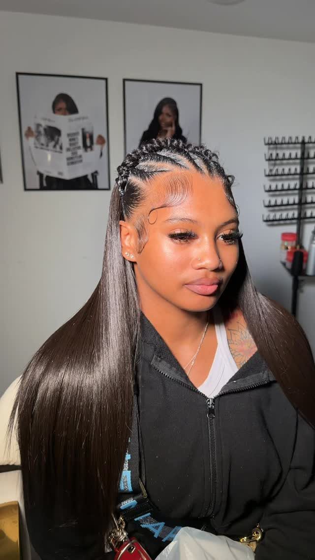 Quick Weave Styles with Braids: 18 Cornrow and Updo Ideas 12 Woman with long straight dark hair and cornrow braids on top of head