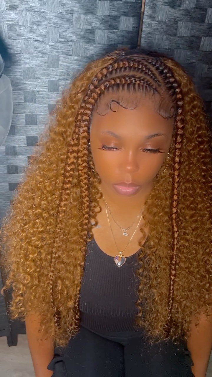Quick Weave Styles with Braids: 18 Cornrow and Updo Ideas 17 Woman with honey-blonde curly hair and cornrow braids along the crown.