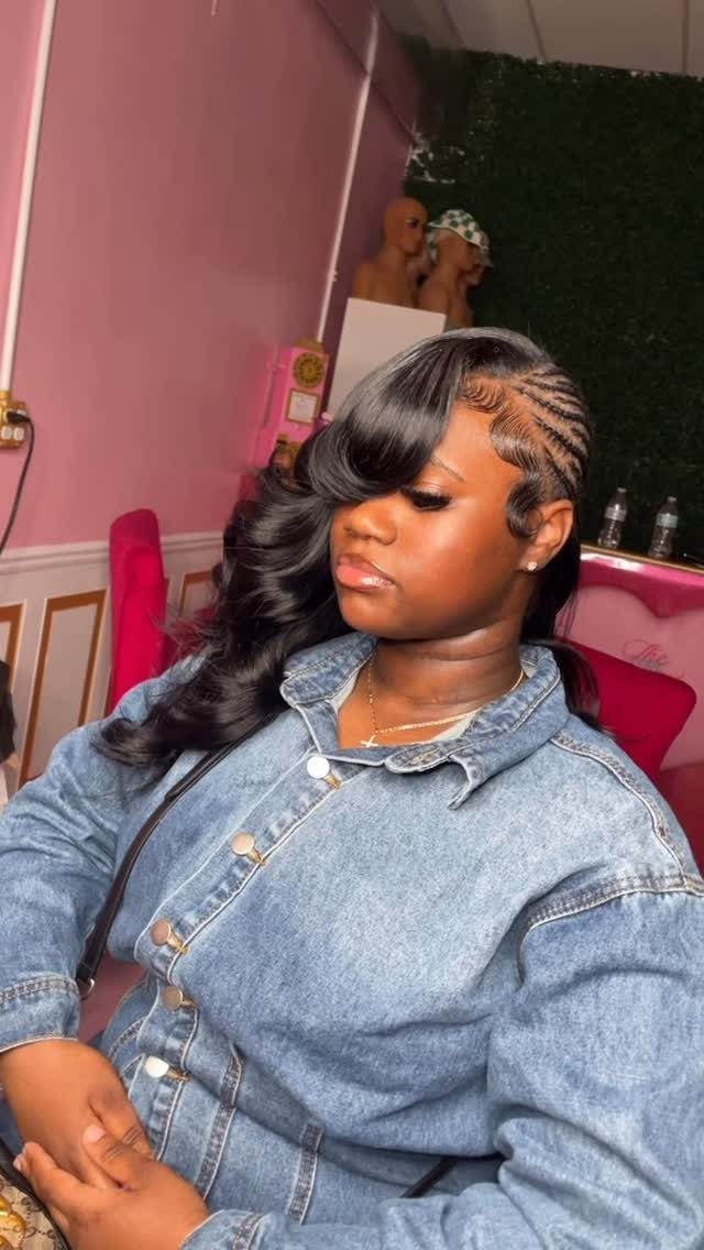 Quick Weave Styles with Braids: 18 Cornrow and Updo Ideas 11 Woman with side cornrow braids and long black voluminous curls wearing denim jacket