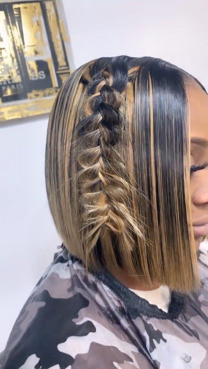 Quick Weave Styles with Braids: 18 Cornrow and Updo Ideas 6 Woman with blonde highlighted lob featuring a thick central French braid