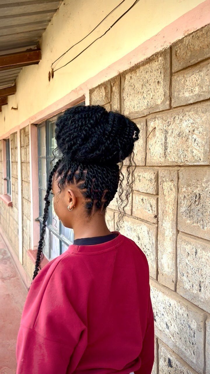 20 Thick Natural Hairstyles for Every Length and Mood 4 Person with black hair styled in flat twists and a high bun.