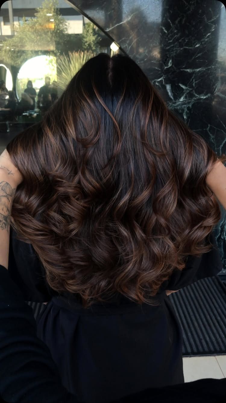 9 Toffee Caramel Hair Ideas for Brown and Blonde Bases 3 Long wavy dark brown hair with warm toffee and caramel highlights from behind.
