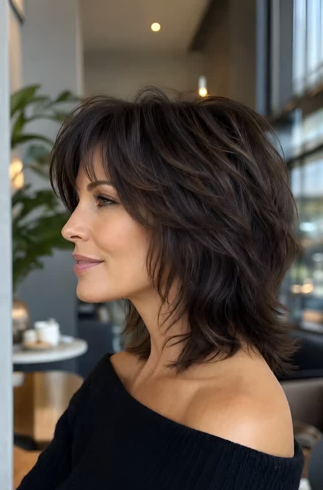 13 Trending Hair Style Ideas, from Curtain Bangs to Pixies 7 Woman with a voluminous brown modern shag haircut and bangs in profile.