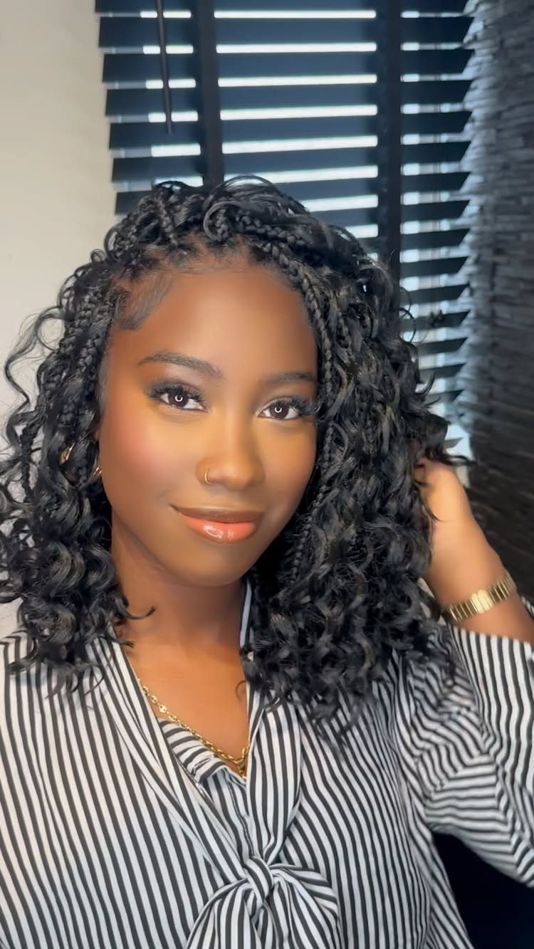 19 Tribal Braids with Boho Ideas, From Bobs to Buns 1 Woman with short bob bohemian braids and curly ends wearing striped shirt